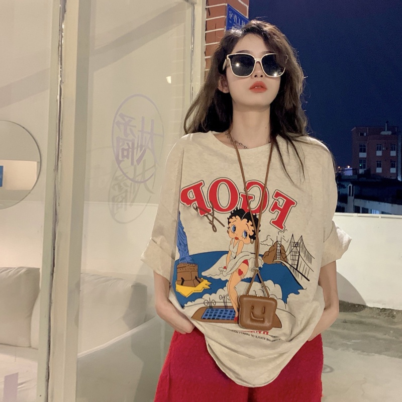 SUXI Áo Thun Tay Ngắn Cổ Tròn In Họa Tiết Chữ Cái Hoạt Hình Dáng Rộng Thời Trang Mùa Hè Cho Nữ