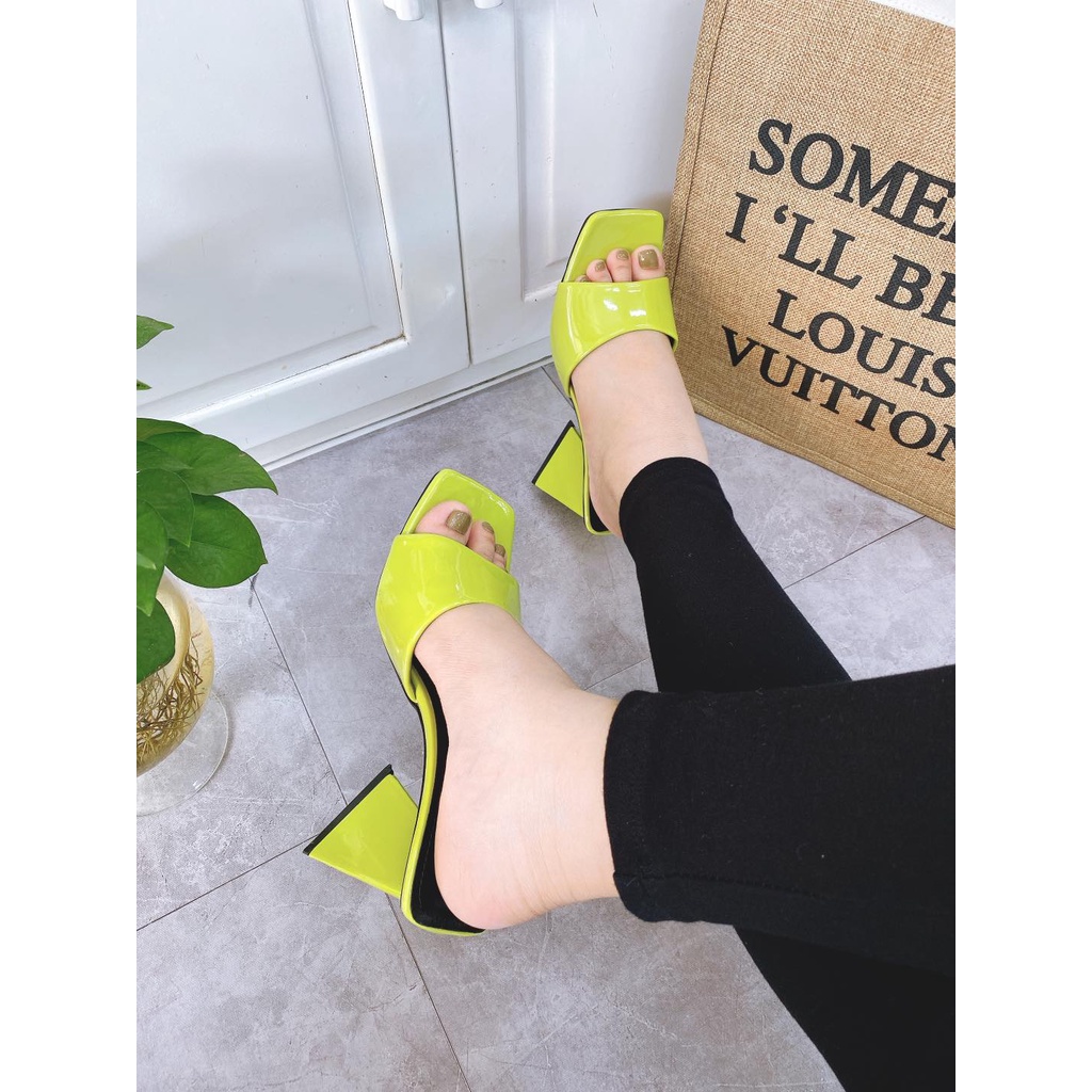 Giày cao gót Minhtuyetshoes hở mũi quai ngang bản rộng- Guốc cao gót gót vuông xéo cao 9cm gót nai mã GCGV