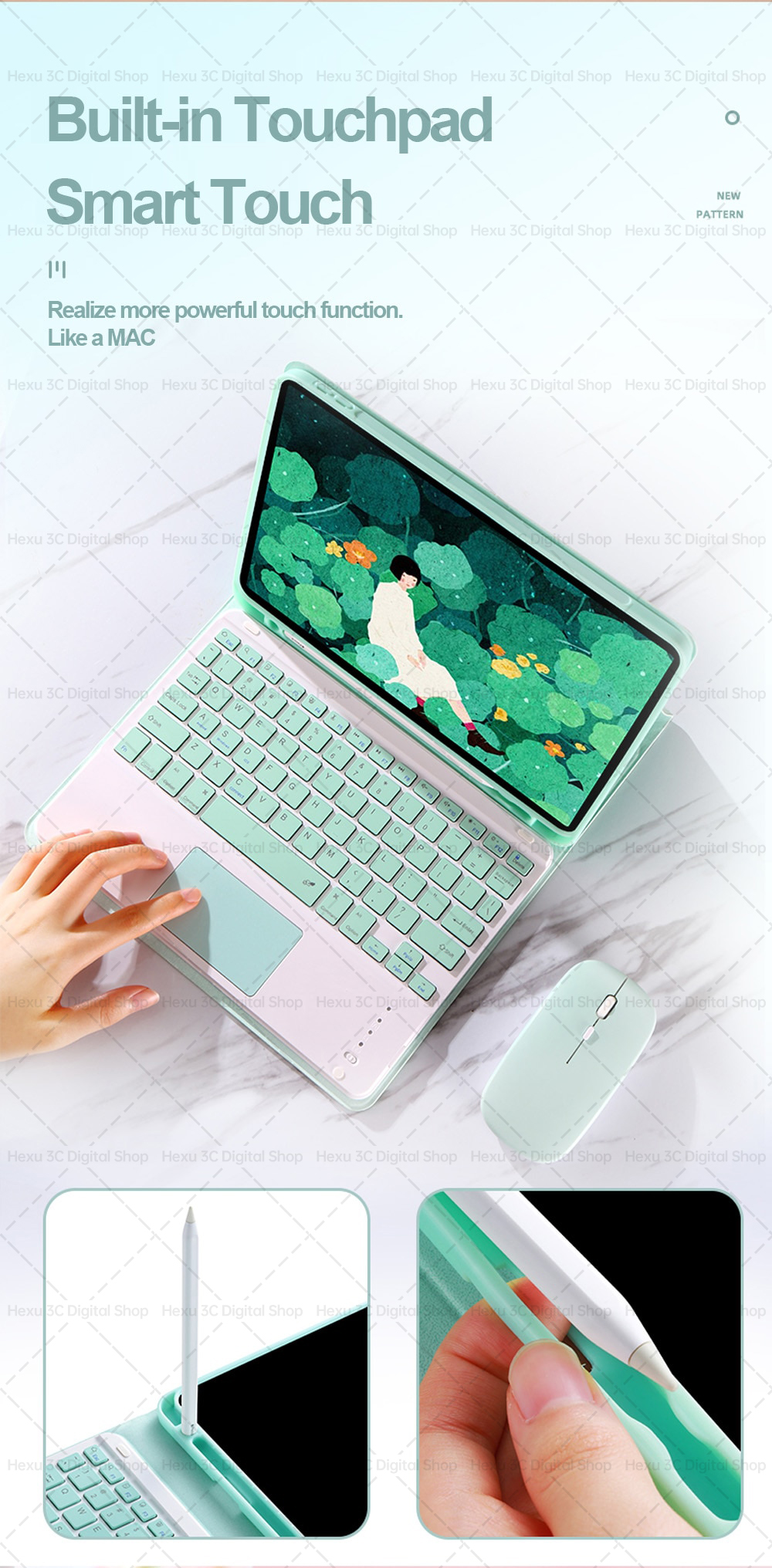 Bàn phím không dây bluetooth màu macaron chuột cảm ứng có ốp gắn cho iPad Pro 11 12.9 M1 2021 Air 4 4th Gen 10.9 2020 Air3 10.5 7th 8th 9th 10.2 5th 6th 9.7 2018