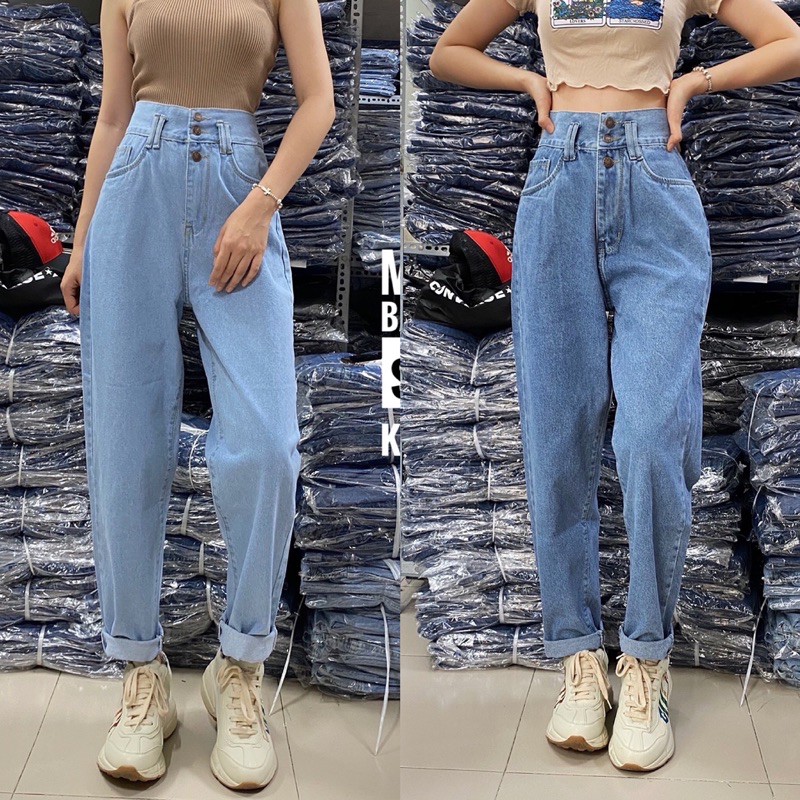 [SIZE ĐẠI 30- 36] Baggy Jean Xanh Trơn - Lưng Cao TRÊN RỐN - Form Siêu Đẹp Không Giãn 3 Nút