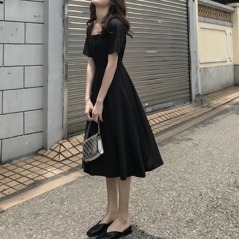 Đầm xoè cổ vuông màu đen size S-2XL