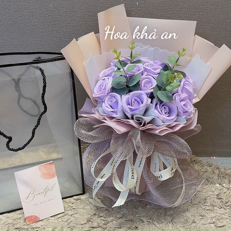 (Combo tặng túi thiệp) Bó hoa sáp 15bông mix lá, bó giấy ko nhăn. Nhiều màu. Ship hoả tốc HN