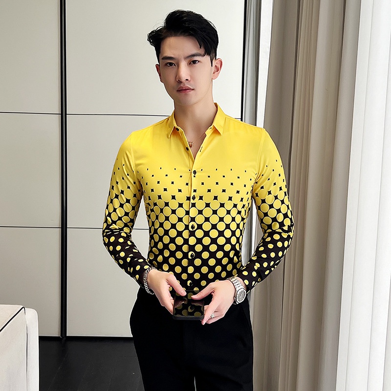 Áo sơ mi nam dài tay họa tiết chấm bi vàng thời trang HALLA áo sơ mi kiểu công sở
