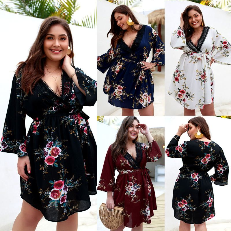 Đầm Ren Hoa Cổ V Sâu Thời Trang Mùa Hè Dành Cho Nữ 3 / 4 S Plus
