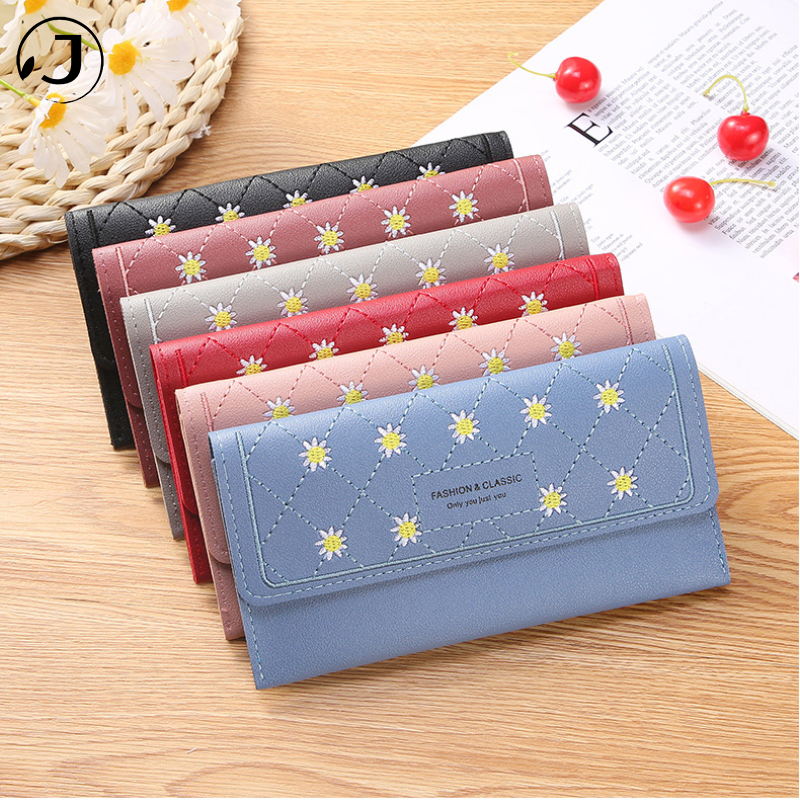 Women Long Wallet Fold Handheld Cheap Pretty Leather Multiple Compartments Heart Embroidery Zip Phone Purse