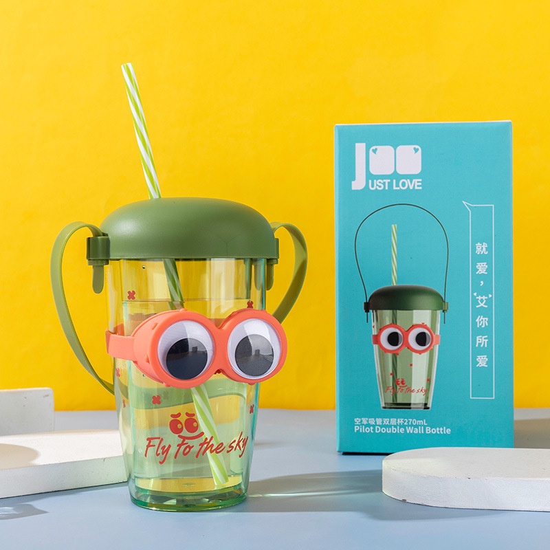Bình nhựa có ống hút đeo mắt kính cực cute 270ml