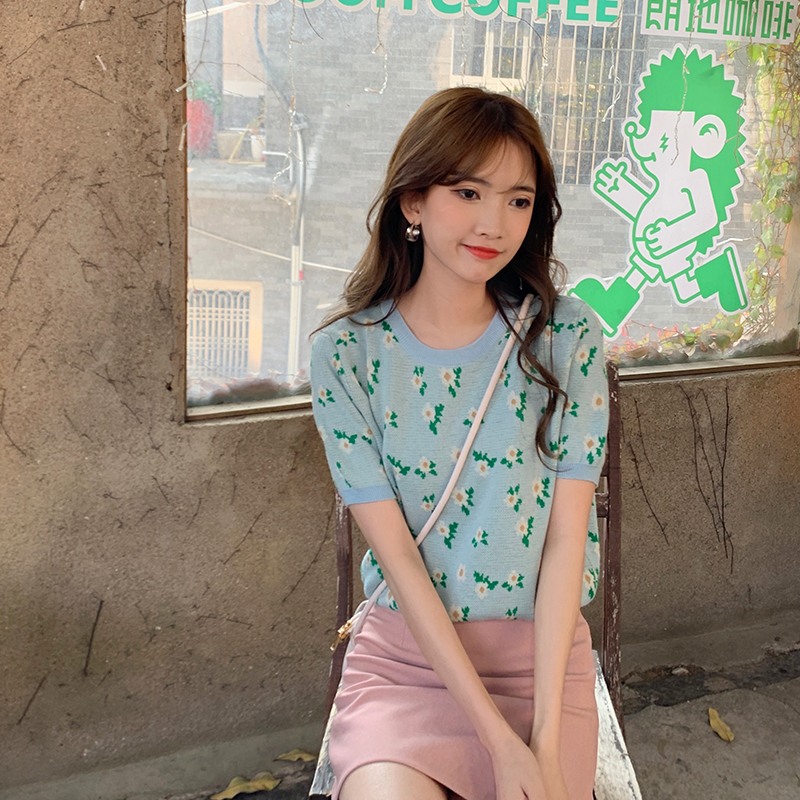 SUXI Áo tay ngắn họa tiết hoa vintage phong cách Hàn Quốc dành cho nữ