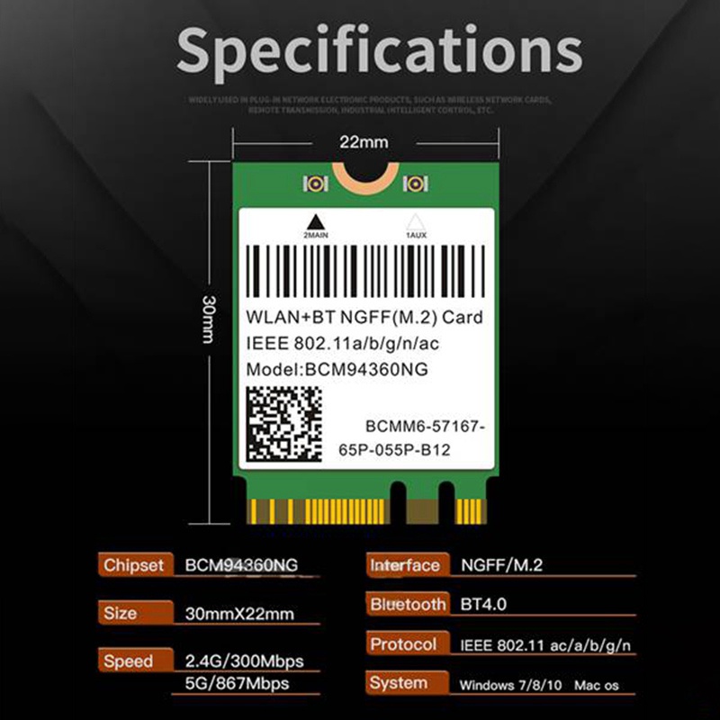 Thẻ Mạng Không Dây Băng Tần Kép 1200Mbps BCM94360NG Cho MacOS Hackintosh 802.11Ac Bluetooth 4.0 Và Phụ Kiện