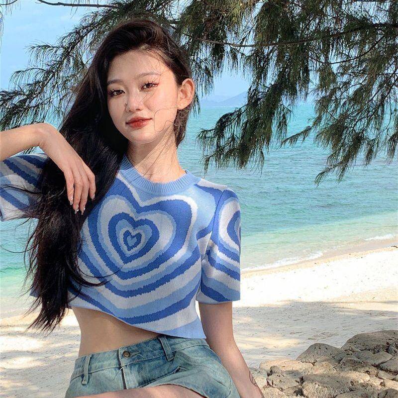 Áo Thun Dệt Kim Ngắn Tay Họa Tiết Trái Tim Thời Trang Cho Nữ