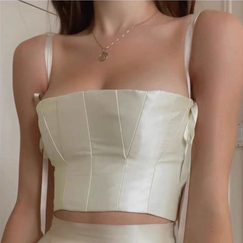 Set Áo Corset 2 Dây Đan Dây Lưng & Chân Váy Xoè Lụa Satin