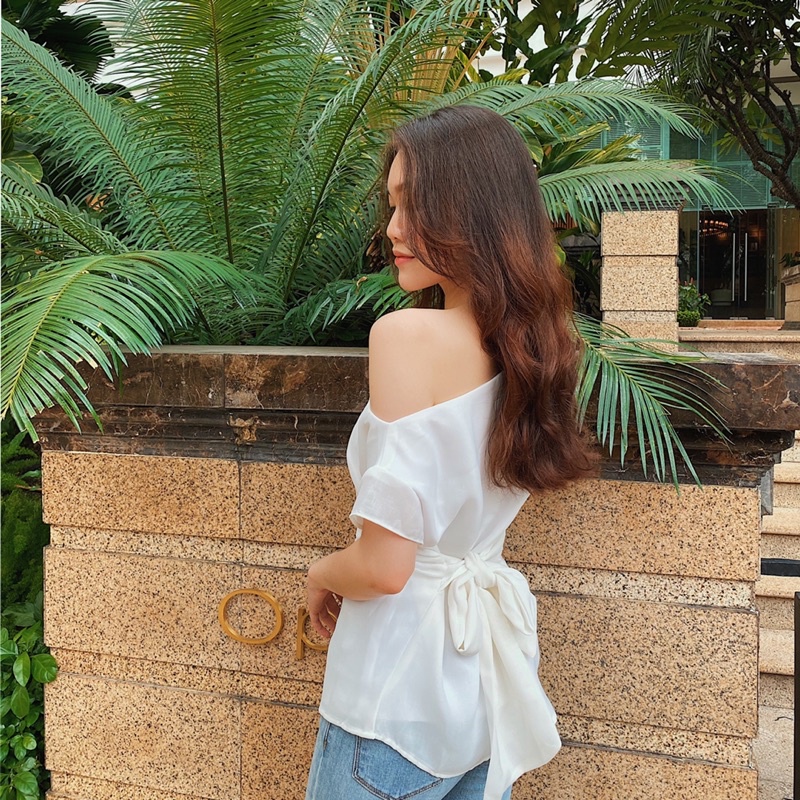 Áo lệch vai kiểu nữ Hàn Quốc đẹp LUCETFASHION trắng đen, Shouder Off Shirt