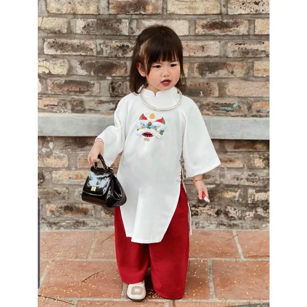 Set Áo Dài Bé Gái Thêu Lân Chất Liệu Linen Thoáng Mát