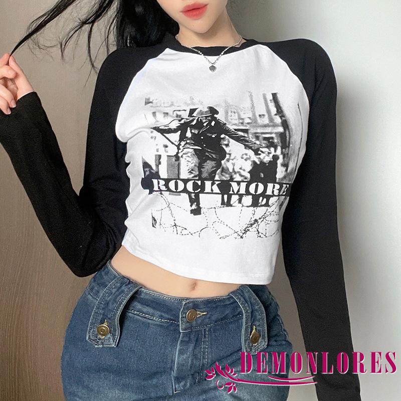 Demonlores-Y2K Áo Thun Tay Dài Cổ Tròn In Chữ Màu Trắng Đen Phong Cách Gothic Quyến Rũ Cho Nữ