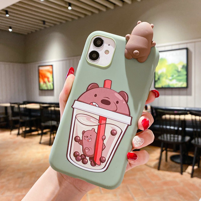 Ốp lưng iPhone 11 Pro X XR XS Max 8 7 6 6S Plus SE 2020 3D Milk Tea Cup Cute Bear Soft Case Cover+Bear Doll