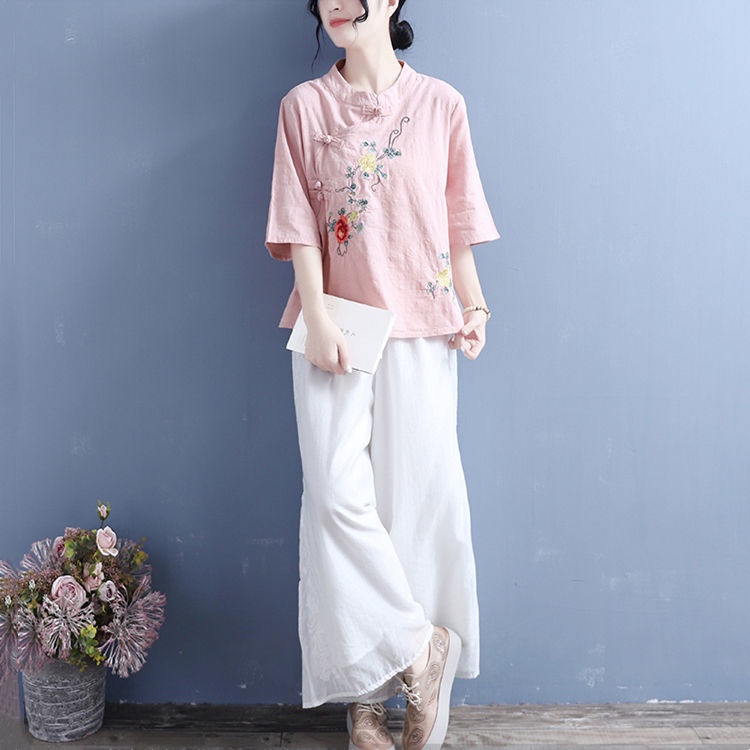 Áo Sơ Mi cotton Lanh Cổ Đứng Thêu Họa Tiết Thời Trang Cho Phụ Nữ Trung Niên