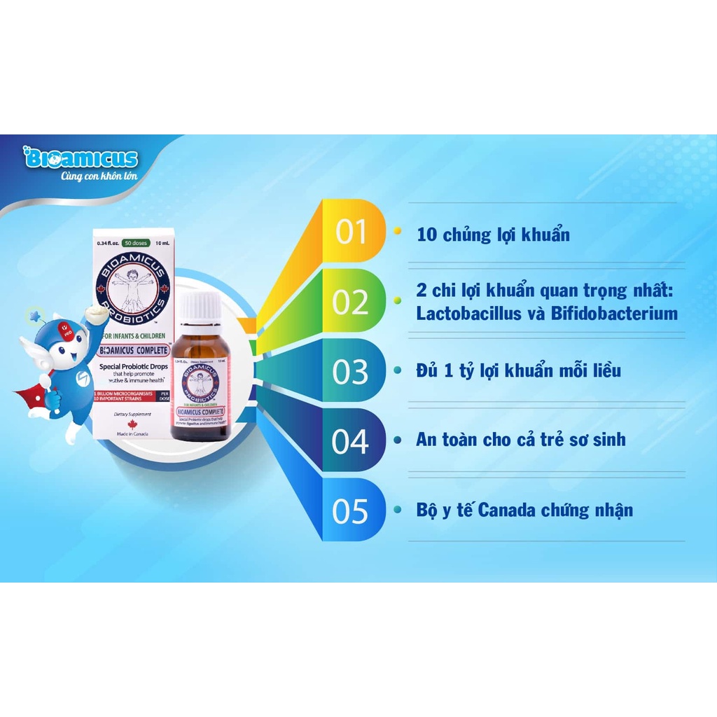 Men vi sinh 10 chủng BioAmicus Complete &amp; Vitamin K2+D3 10 ml cho bé
