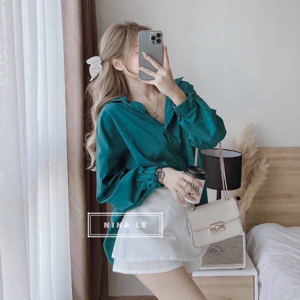 Set sơ mi xanh thụng quần giả váy sét bộ nữ sang chảnh LT516