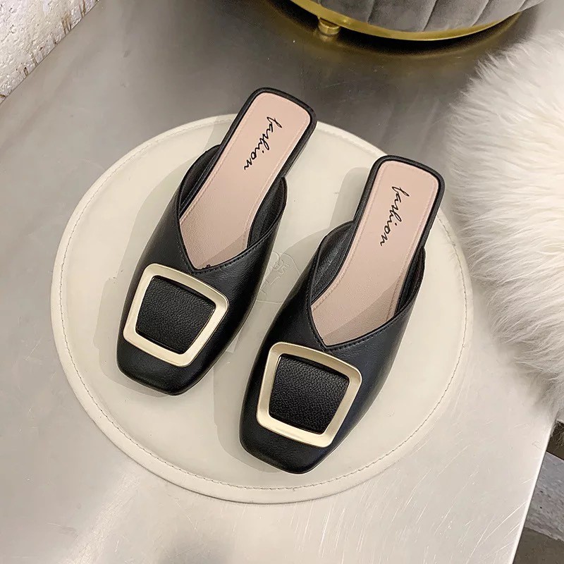 Square Buckle Slippers Women's Outer Wear New Fashion Casual Women's Shoes Muller SandalsinsToe Cap Semi Slipper Flip-Fl