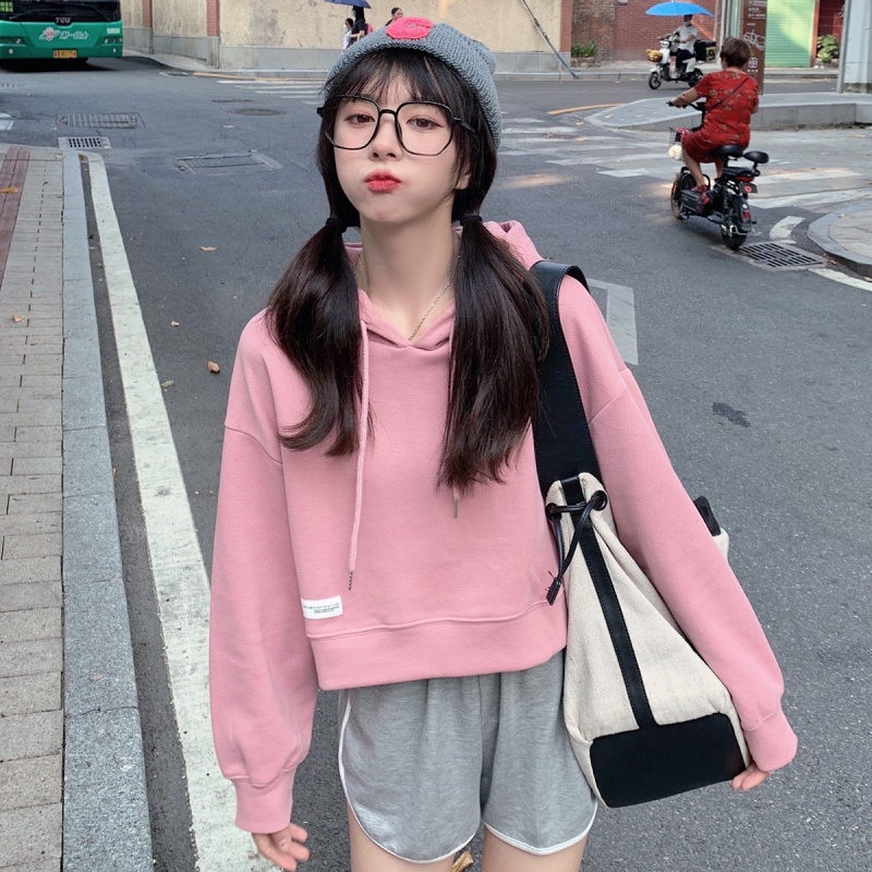 Xiaozhainv Áo hoodie dáng ngắn tay dài màu trơn thoải mái thời trang cho nữ | BigBuy360 - bigbuy360.vn