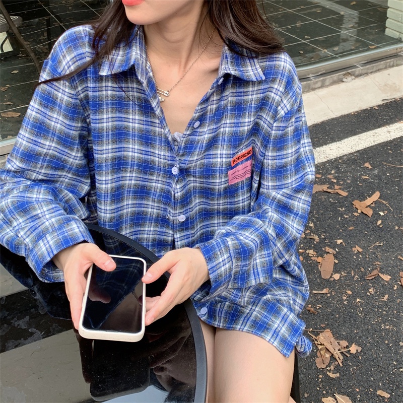 【ZHELIHANGFEI】Áo Sơ Mi Nữ Tay Dài Dáng Rộng Họa Tiết Caro Màu Xanh Dương Dễ Phối Đồ