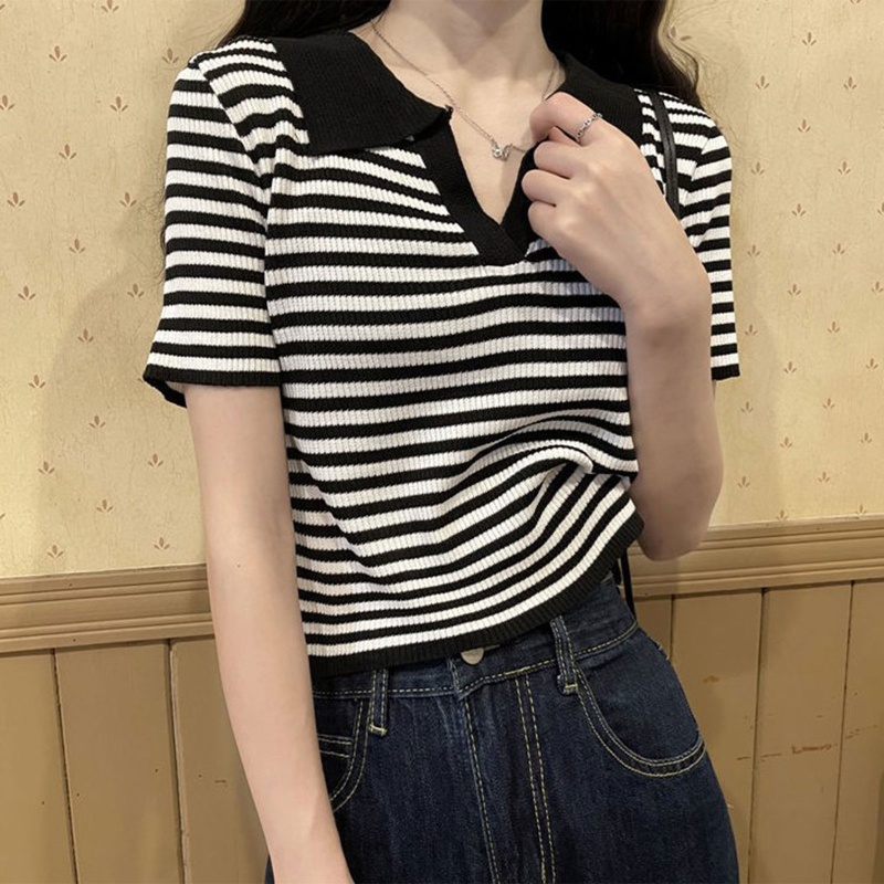 Áo Croptop Dệt Kim Tay Ngắn Cổ Chữ V Họa Tiết Kẻ Sọc Màu Sắc Tương Phản Thời Trang Mùa Hè Cho Nữ