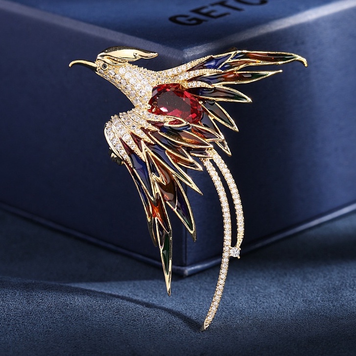 HÀNG CAO CẤP- Tag cài áo vest, sơ mi, len đính đá ZIRCON có độ quang học hoàn hảo- Phượng Hoàng-Luxury phoenix brooch