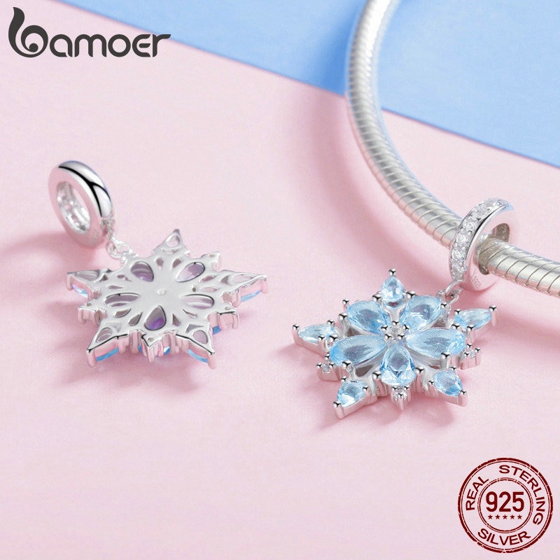 Hạt charm Bamoer SCC940 bằng bạc 925 hình bông tuyết mùa đông đính đá CZ thanh lịch