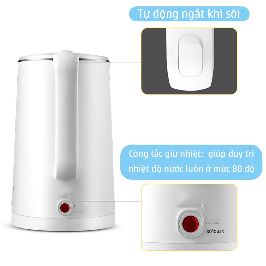 Ấm siêu tốc giữ nhiệt ấm đun nước siêu tốc inox 304 2 lớp cách điện cách nhiệt chống bỏng dung tích 1.8L công suất V