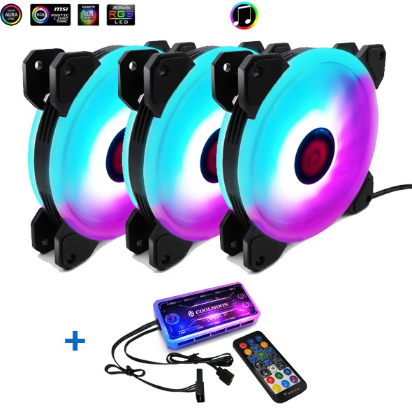 Bộ 3 Quạt Tản Nhiệt, Fan Case Coolmoon V3 Led RGB Rainbow  - Bộ Hub Sync Main, Đổi Màu Theo Nhạc