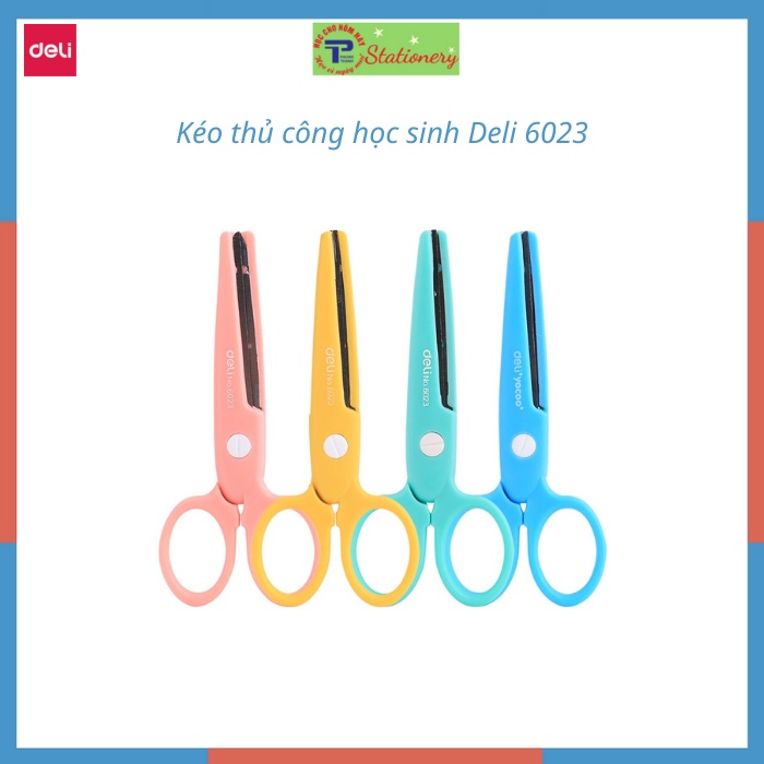 Kéo thủ công học sinh Deli 134mm có nắp bảo vệ - an toàn cho bé khi sử dụng, Màu Xanh/Hồng - 1 chiếc - 6023