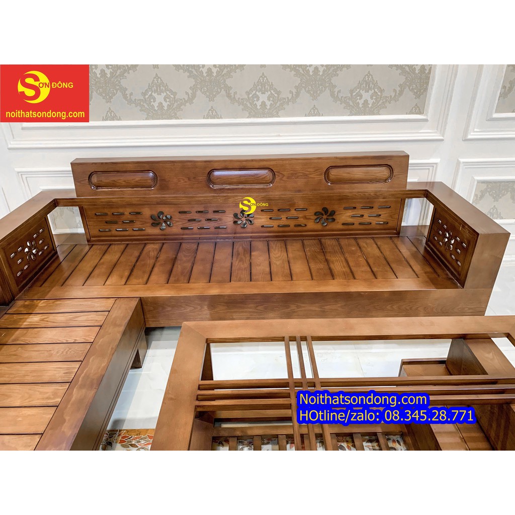 Bộ sofa góc hoa thủy gỗ sồi nga 5 món SFG077