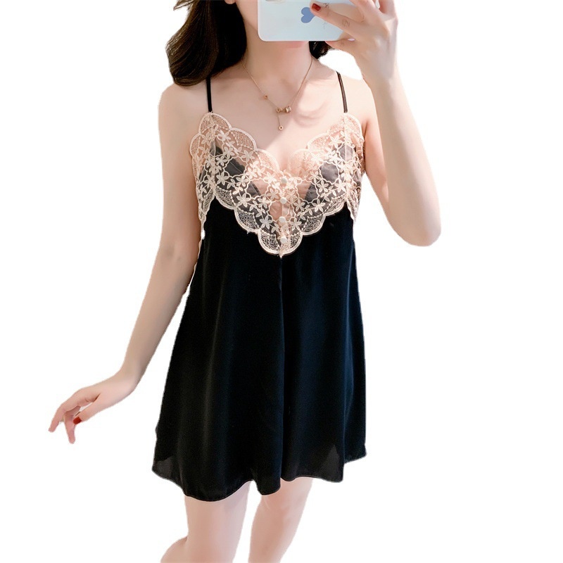 Đồ ngủ Vải Lụa Lạnh Phối Ren Cổ Chữ V Có Miếng Đệm Ngực Thời Trang Mới 2022 Cho Bạn Gái