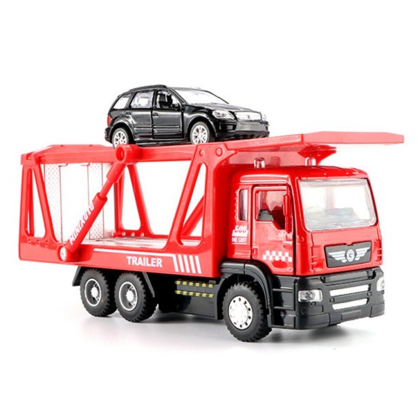 Đồ chơi mô hình xe tải 2 tầng bằng sắt có âm thanh và đèn khi nhấn đầu xe gồm cả xe ô tô con