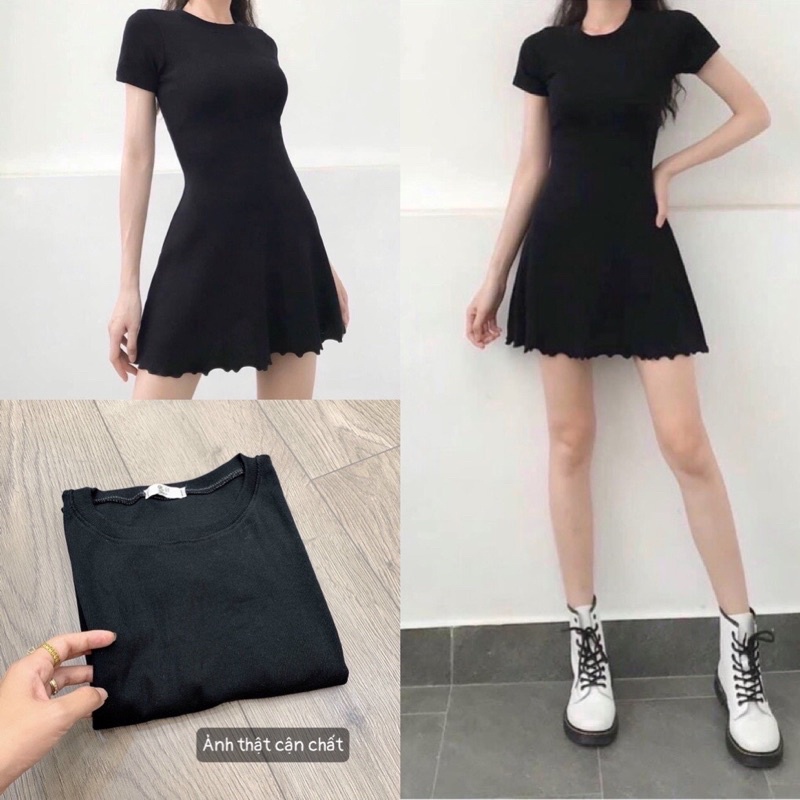 Đầm Nữ Basic Body Đen Viền Bèo Siêu Xinh 🦋 Váy Nữ Dáng Ngắn Chất Thun Gân Co Dãn So Hot