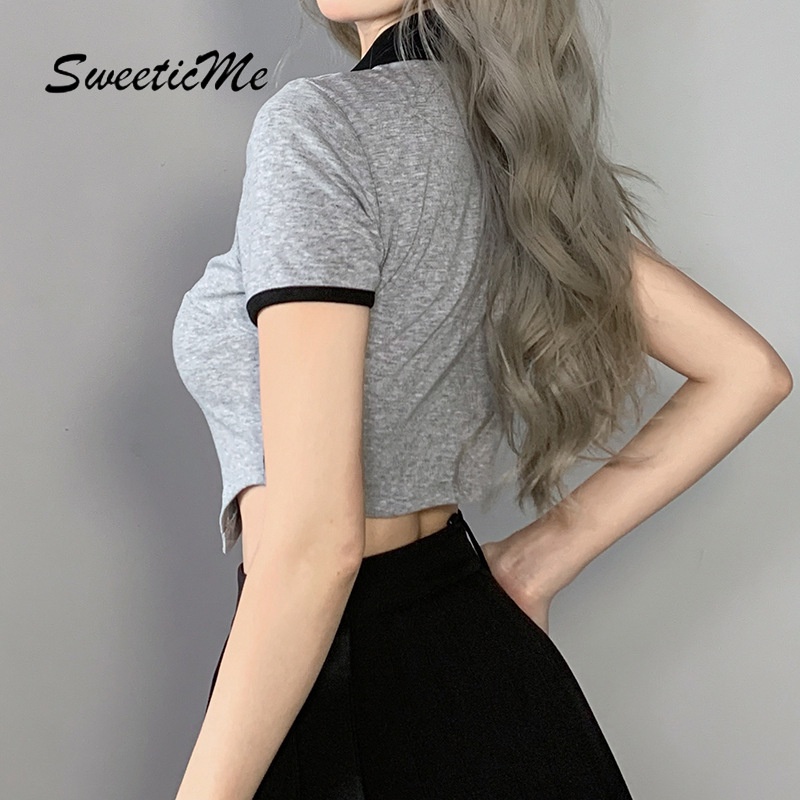 Áo Sơ Mi Cổ Polo Cài Một Hàng Nút Màu Sắc Tương Phản Phong Cách Preppy   Cho Nữ