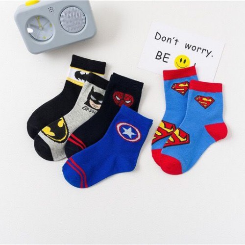 Sét 5 đôi tất cho bé trai hoạ tiết siêu nhân, người nhện, batman, caption Xu Xu Kids size từ 1 đến 5 tuổi