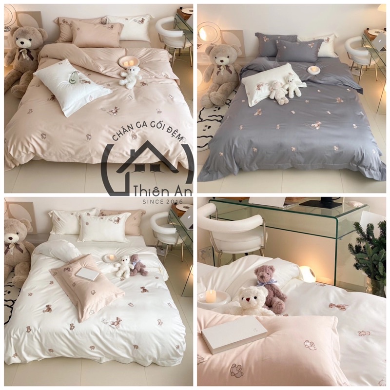 Bộ chăn ga gối lụa thêu gấu Teddy 80s 3 tone trắng be ghi