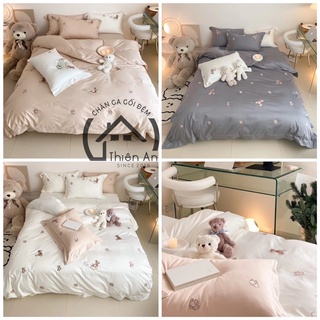 Bộ chăn ga gối lụa thêu gấu Teddy 80s 3 tone trắng be ghi