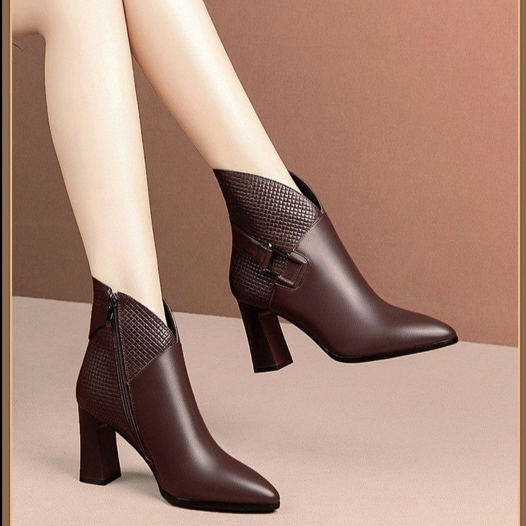 Ảnh thật - Giày boot nữ đế vuông hai màu đen, nâu cá tính cao 7.5cm 161BOOT