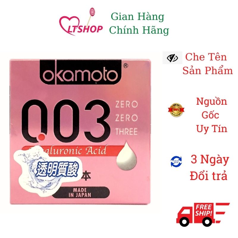 Bao Cao Su Okamoto 0.03 Hyaluronic Acid  siêu mỏng dưỡng ẩm và bôi trơn hộp 3 cái
