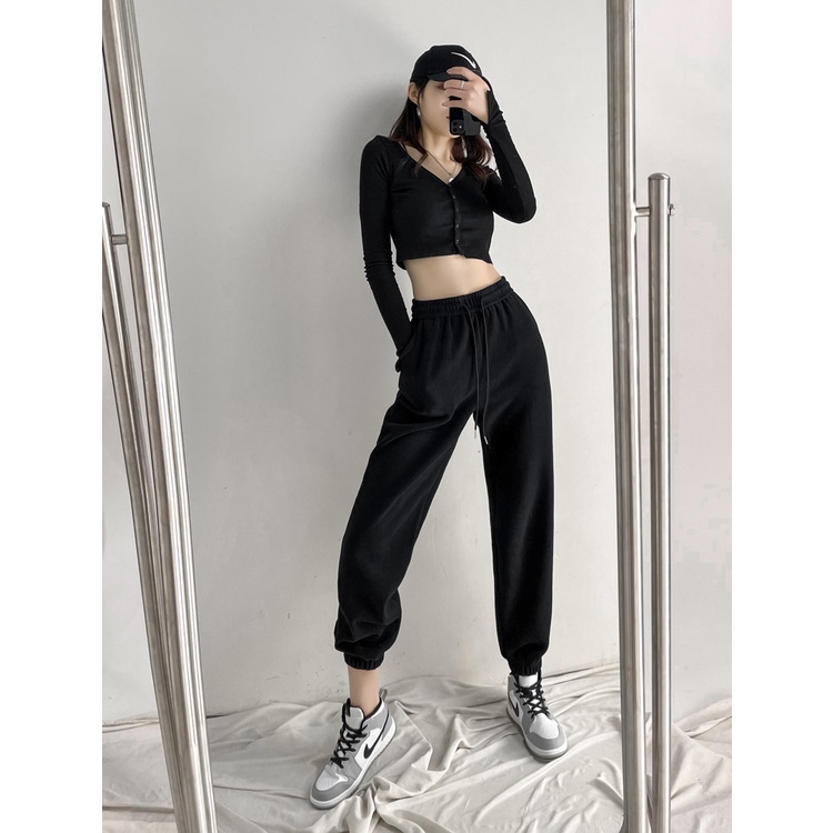 Quần jogger nữ Hagi dây rút bigsize ống rộng cá tính chất nỉ tăm dày - phong cách ulzzang | BigBuy360 - bigbuy360.vn