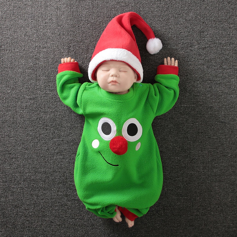 Bộ Áo Liền Quần 2 Món Bằng Vải Cotton In Họa Tiết Giáng Sinh + Mũ Thời Trang Cho Bé Sơ Sinh 0-24 Tháng Tuổi
