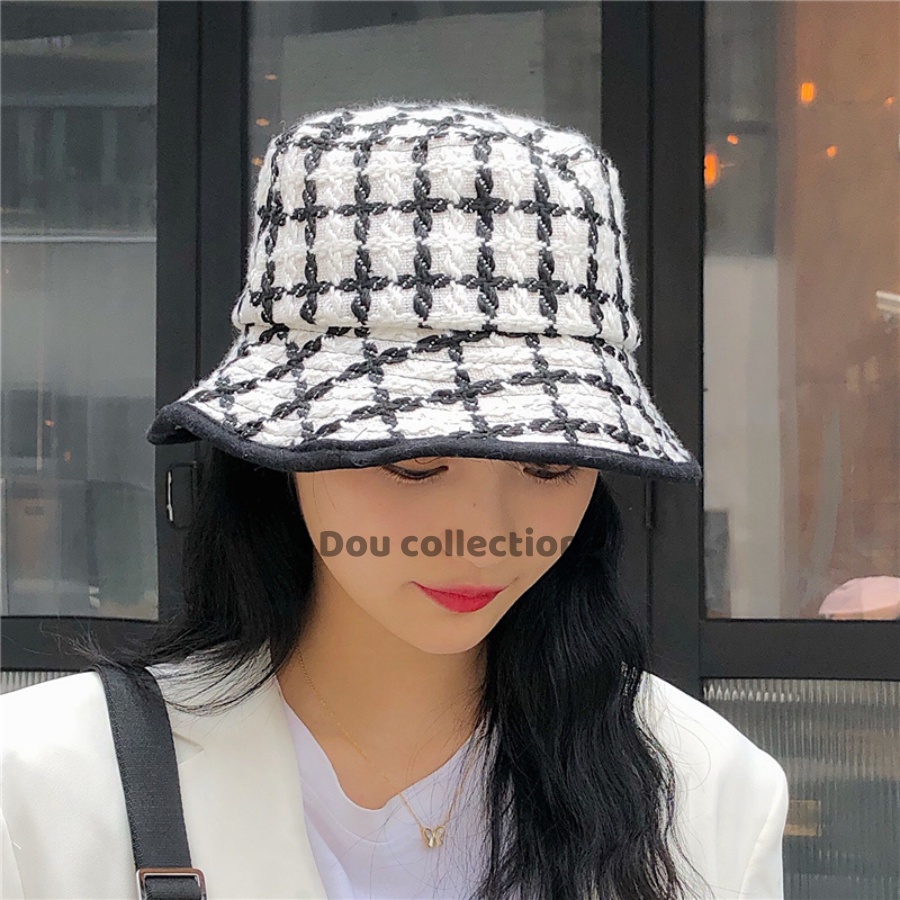 Mũ bucket len Unisex Retro vành ngắn họa tiết Houndstooth &amp; Caro thu đông phong cách Nhật Bản - Mã NV038