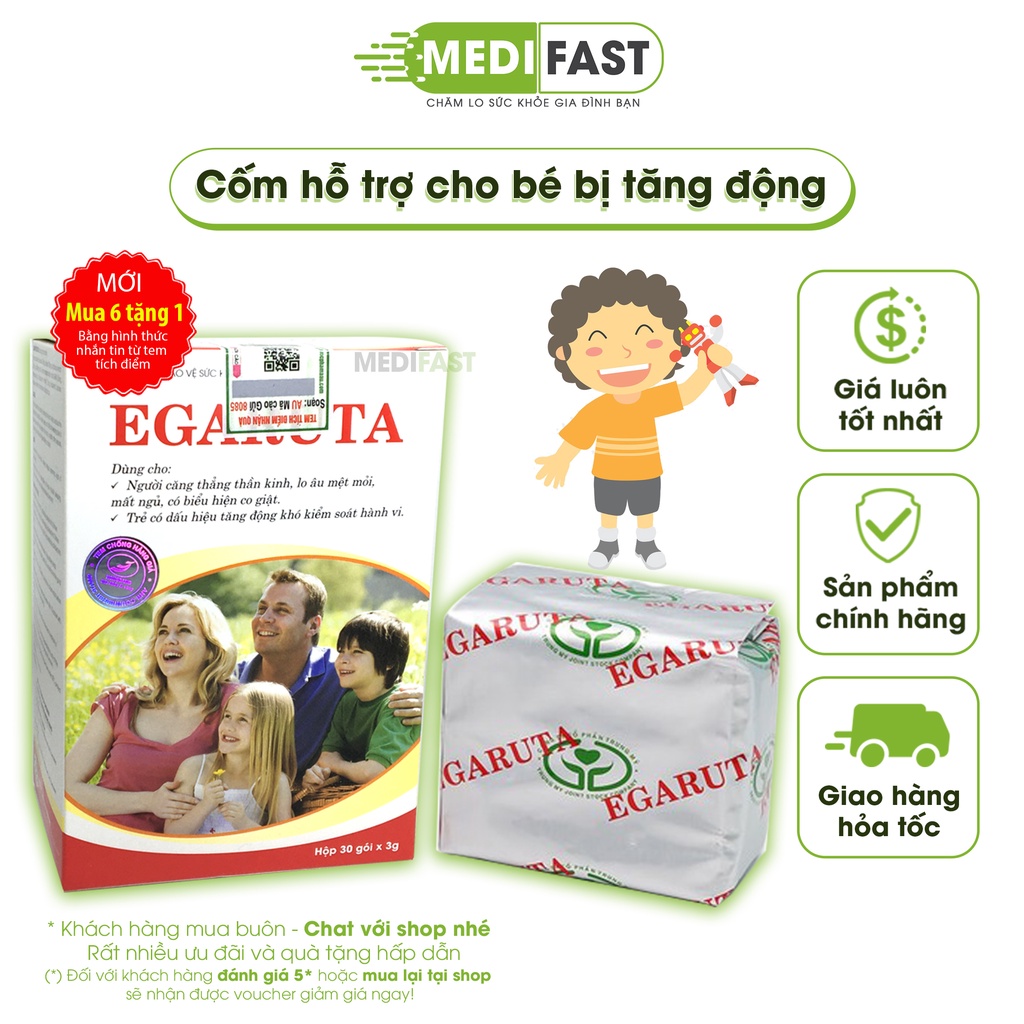 Egaruta Cốm - Giảm tăng động cho trẻ, co giật, rối loạn giấc ngủ Hộp 30 gói - Mua 6h tặng 1h bằng tem tích điểm