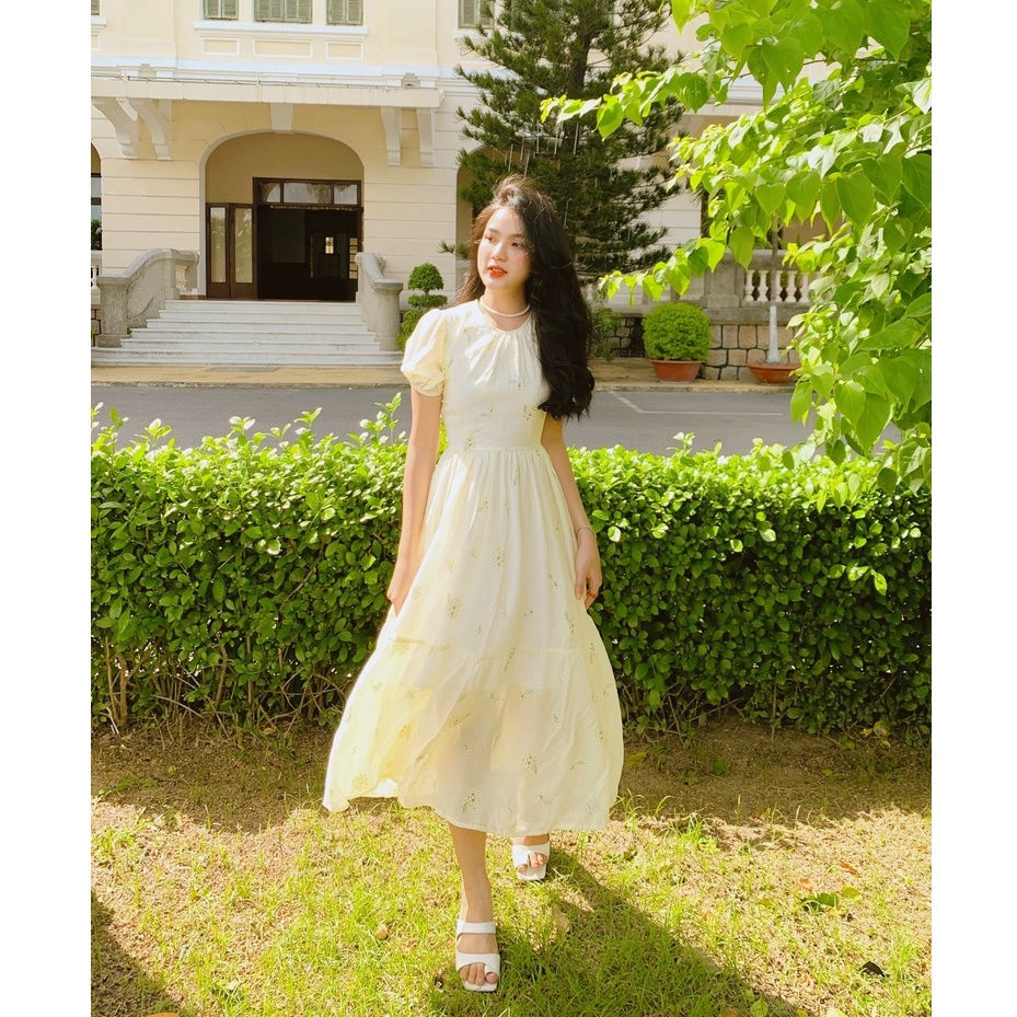 Đầm babydoll HEYBEE cổ tròn, chất vải voan tơ hoa màu vàng siêu xinh LILIUM BABYDOLL DRESS HT611 | BigBuy360 - bigbuy360.vn