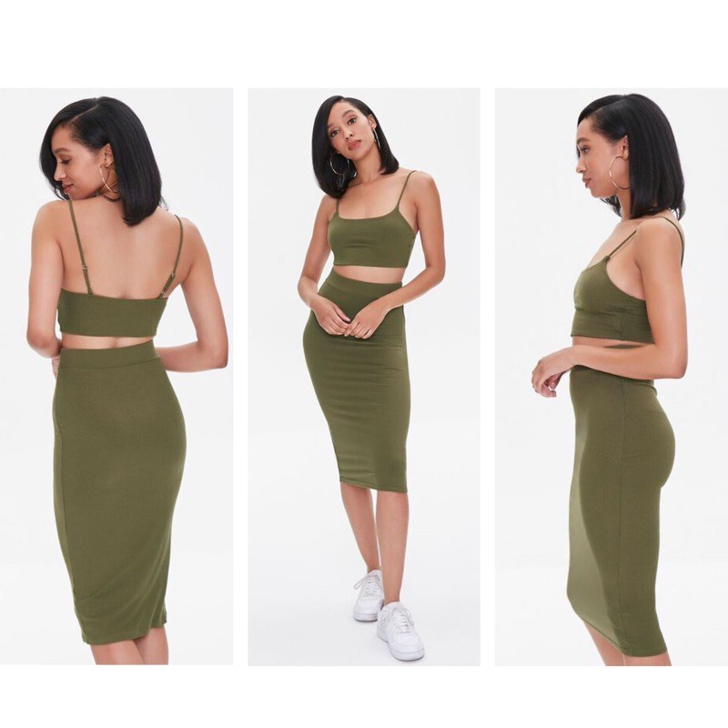 Set Áo Croptop Chân Váy Midi Thun Gân F21