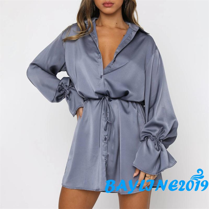 BAY-Đầm sơ mi cổ bẻ tay loe màu trơn cột dây một hàng nút thời trang mùa hè cho nữ 5 màu tùy chọn