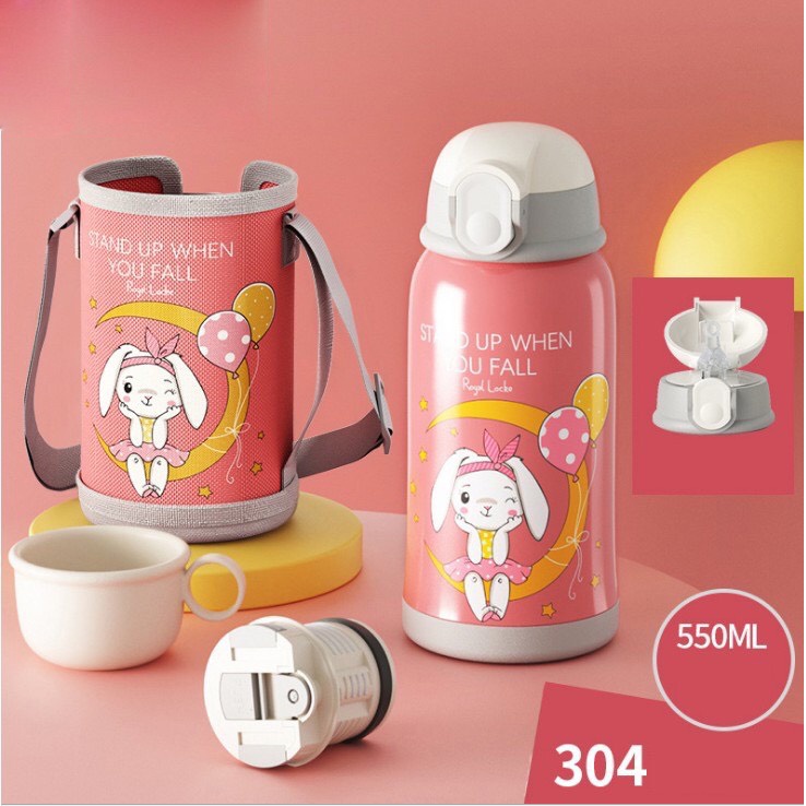Bình Giữ Nhiệt Cho Trẻ em - Có Ống Hút, 2 Nắp Tiện Lợi, Chất Liệu Thép Không Gỉ inox 304 Cao Cấp, An Toàn Tuyệt Đối
