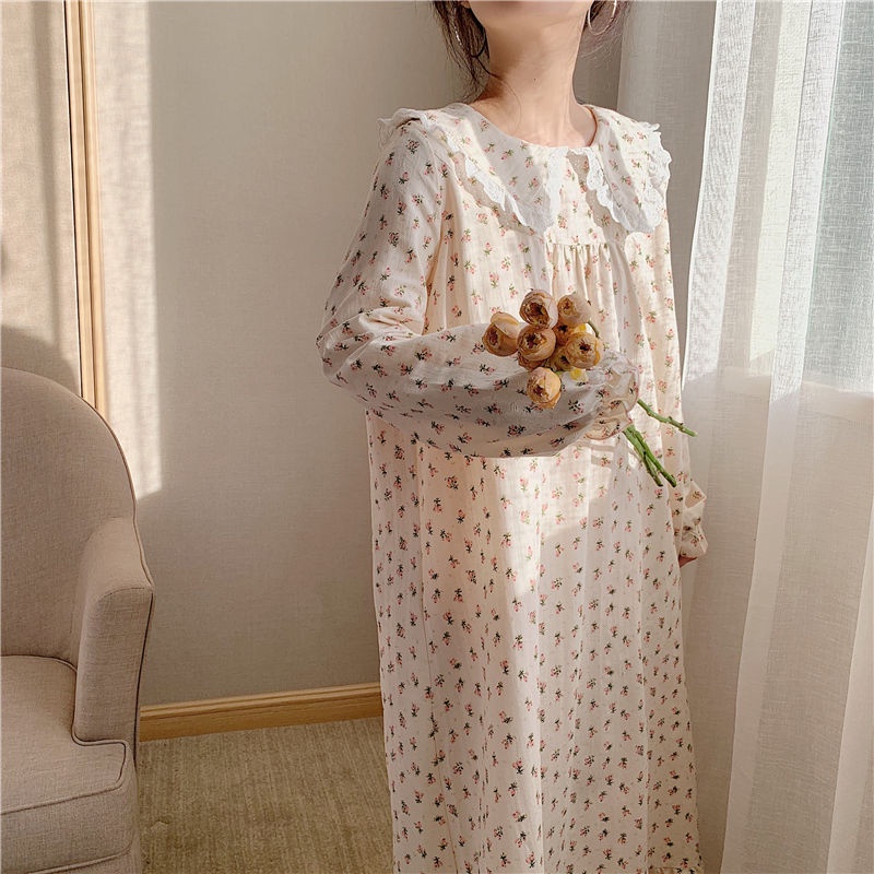 Đầm ngủ tay dài cổ búp bê phong cách công chúa thời trang cho nữ