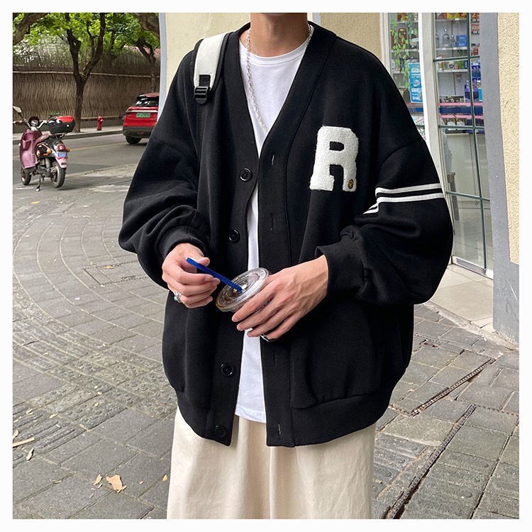Áo khoác cardigan nam nữ nỉ ngoại ấm áp form rộng thu đông màu nâu hoạ tiết chữ R đen hàn quốc dễ thương cao cấp giá rẻ